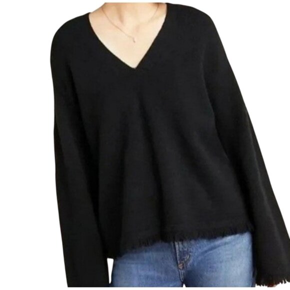 Anthropologie Joy Fringed V-Neck Sweater Black Size S - Picture 1 of 7